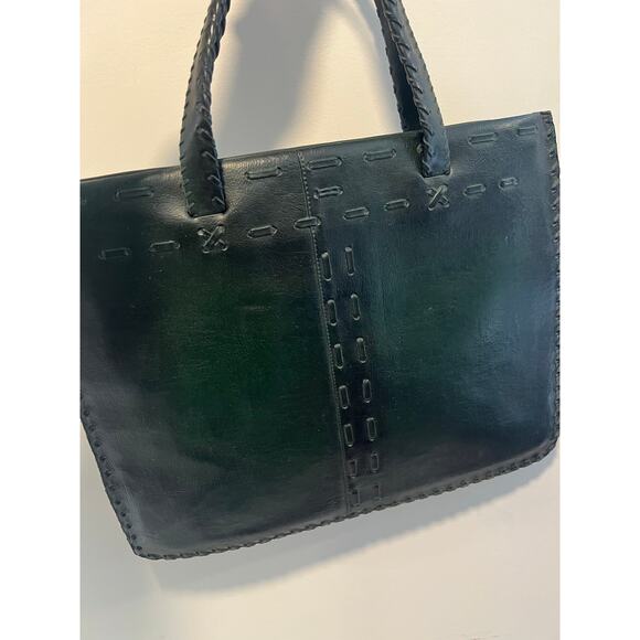 Vintage Green Leather Briefcase Handbag Weaved Leather JL - Picture 4 of 8
